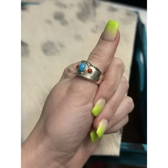 Joseph Esposito ESPO SIG 925 Sterling Silver Turquoise & Coral Wide Band Ring 7